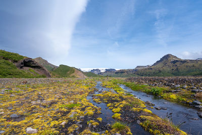 Man walks the floor of thorsmork valley in southern iceland on a sunny spring day. 