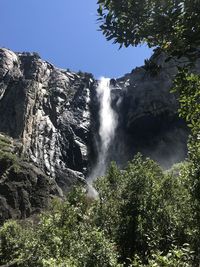Scenic view of waterfall in forest against sky
