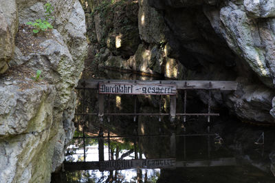 Information sign on rock against trees