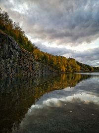 Scenic view of lake by trees against sky