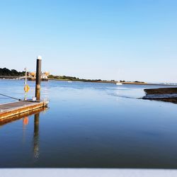 Scenic view of lake against clear blue sky