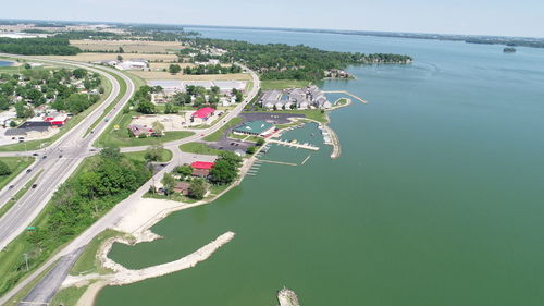 High angle view of city by sea