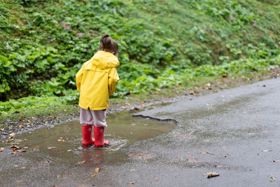 Rear view of person with umbrella walking on road