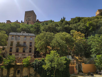 Low angle view of trees and building against sky