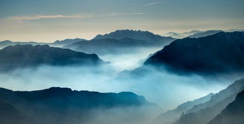 Scenic view of mountains against sky during sunset