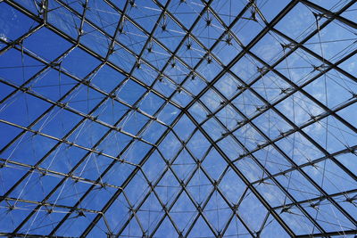 Full frame shot of modern glass structure against blue sky