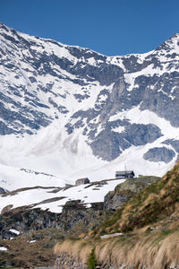 Scenic view of snowcapped mountains against clear sky