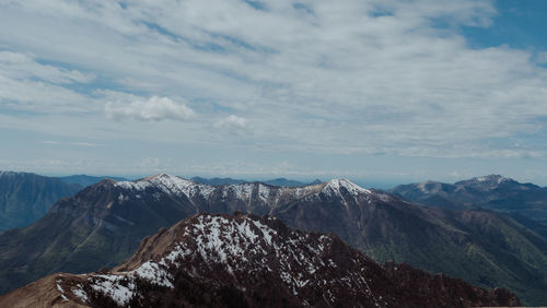 Scenic view of snowcapped mountains against cloudy sky