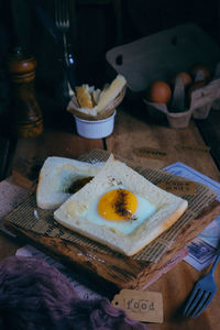 High angle view of breakfast served on table