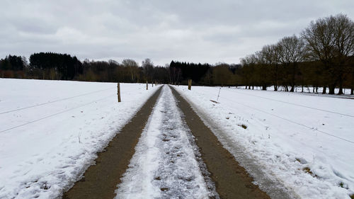 Snow covered field against sky