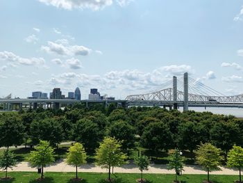 View of suspension bridge in city