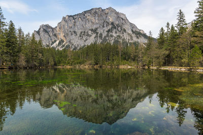 Reflection of trees in lake against sky