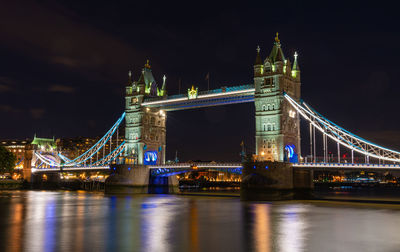 Illuminated bridge over river at night