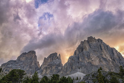 Low angle view of mountains against cloudy sky