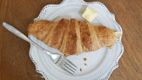 High angle view of breakfast served on table