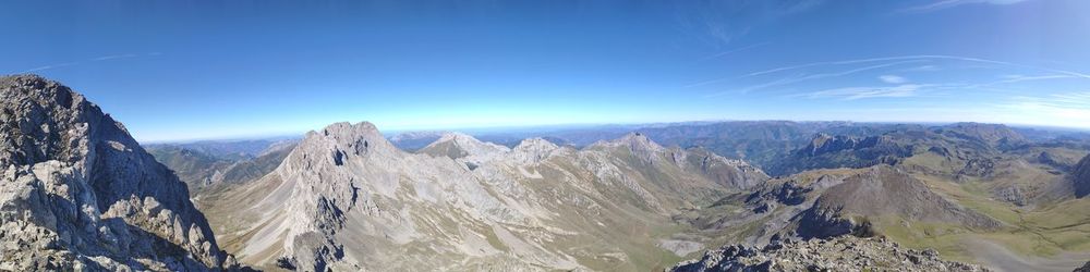 Panoramic view of landscape and mountains against blue sky