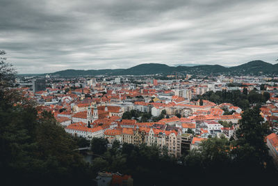 High angle shot of townscape against sky