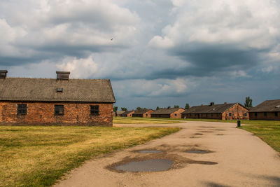 Buildings on field against sky