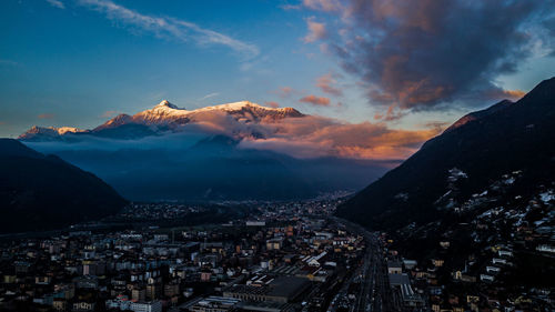 High angle view of townscape against sky during sunset