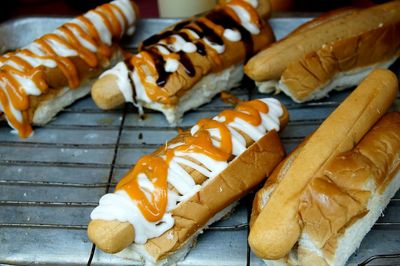 High angle view of hot dog on table