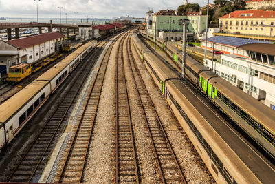 High angle view of train at railroad station