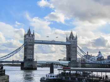 View of suspension bridge against cloudy sky