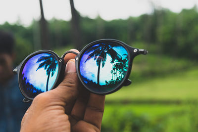 Close-up of hand holding sunglasses against trees