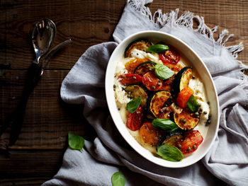 High angle view of salad in bowl on table