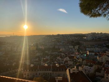 High angle view of townscape against sky at sunset
