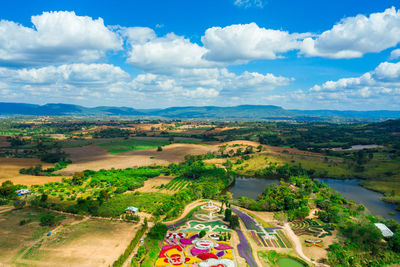 High angle view of trees on field against sky