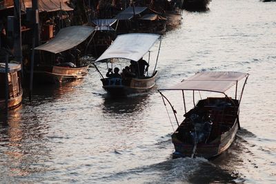 High angle view of boats sailing in sea