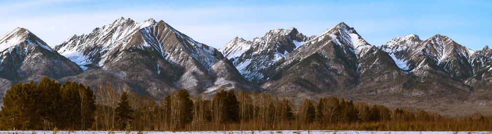 Panoramic view of snowcapped mountains against sky