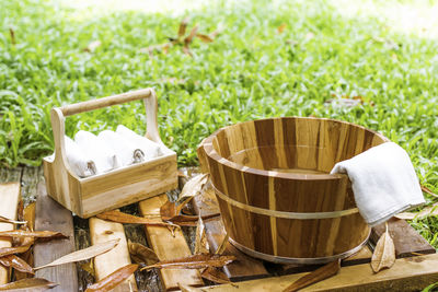 High angle view of bread in basket on field