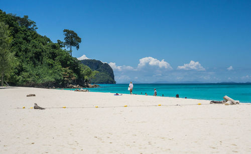 Scenic view of beach against blue sky