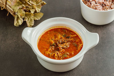 High angle view of soup in bowl on table