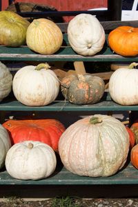 High angle view of pumpkins for sale at market stall