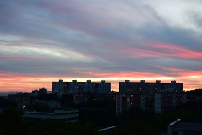 High angle view of buildings against sky during sunset