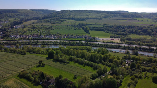 High angle view of agricultural field against sky