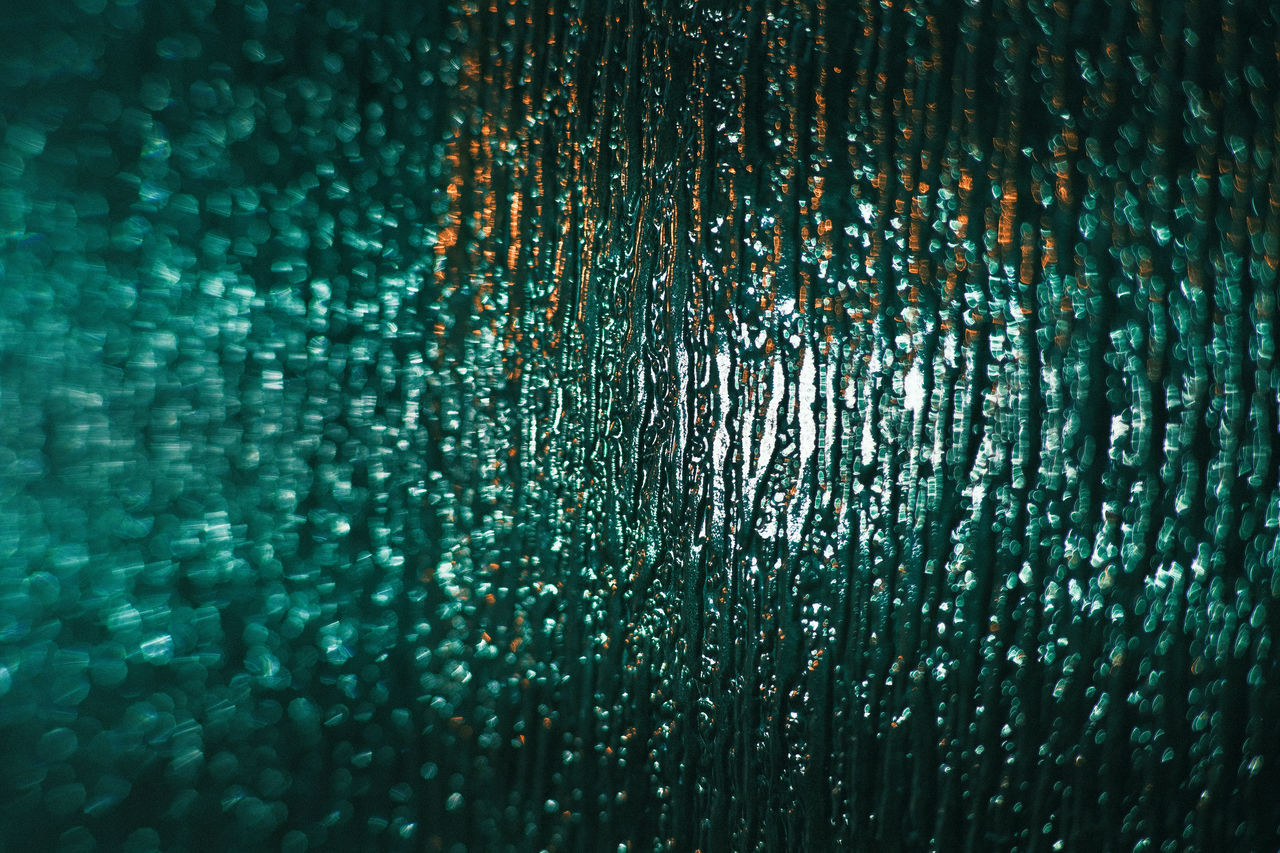 blue, backgrounds, full frame, water, pattern, no people, close-up, abstract, wet, circle, reflection, drop, nature, light, green, sunlight, indoors, textured, glass, line, rain