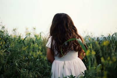 Rear view of girl with flowers