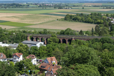 High angle view of trees and houses on field