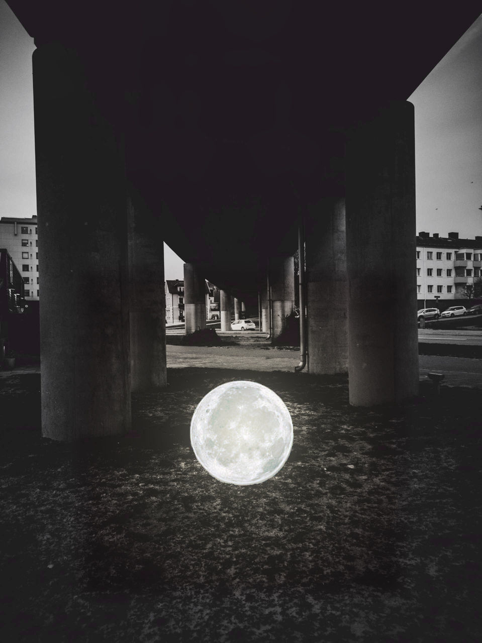 built structure, architecture, building exterior, no people, architectural column, geometric shape, outdoors, nature, circle, day, shape, sphere, bridge, sky, building, illuminated, transportation, connection, below, full moon