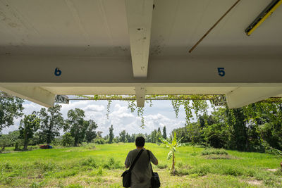 Rear view of man standing on field