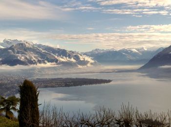 Scenic view of lake and mountains against sky