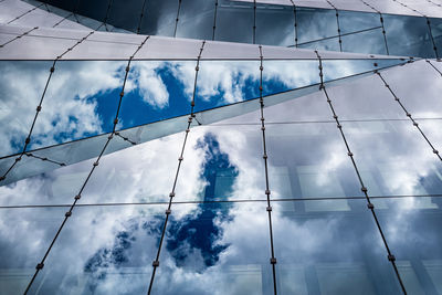 Glass building with reflection of cloudy sky