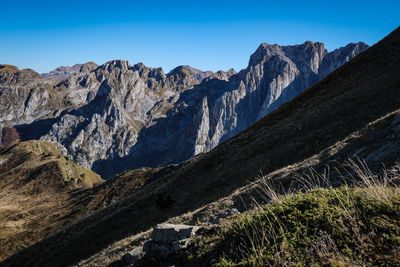 Scenic view of snowcapped mountains against clear sky