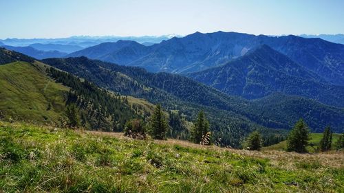 Scenic view of landscape and mountains against sky