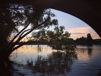 Silhouette trees by lake against sky at sunset