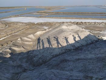 High angle view of text on beach
