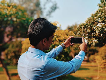 Man photographing trees with mobile phone